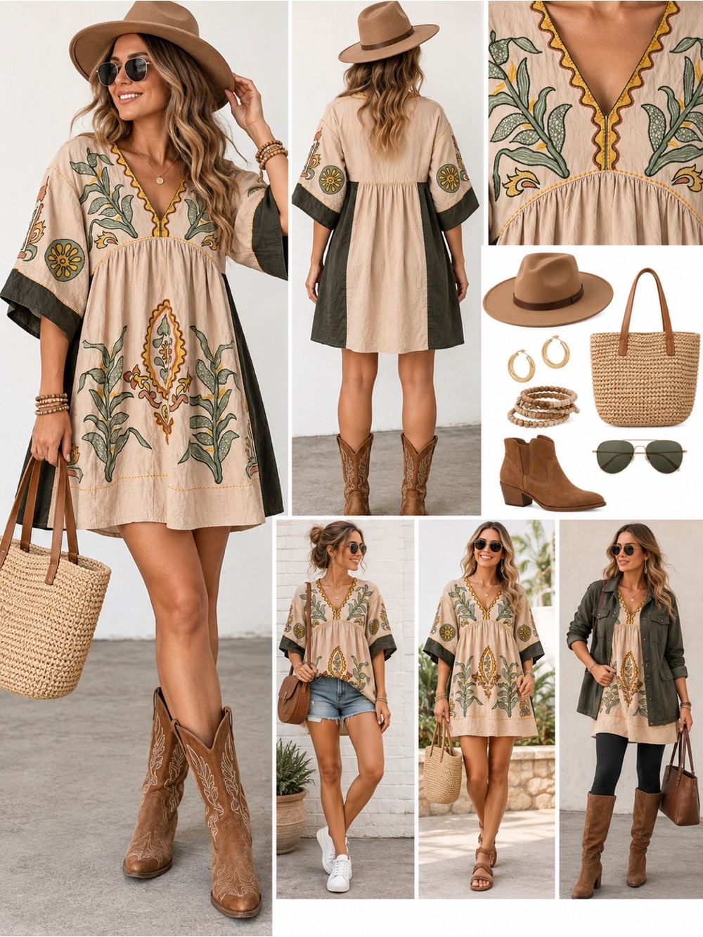 Beige Mini Dress with Olive and Mustard Embroidery